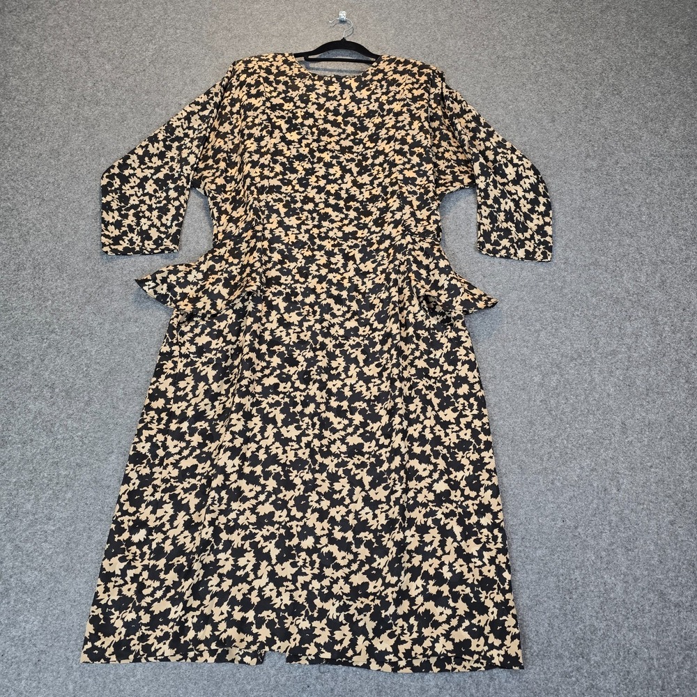 VTG Alyn Paige Peplum Midi Dress Womens 15 Black Beige Printed Party Back Zip